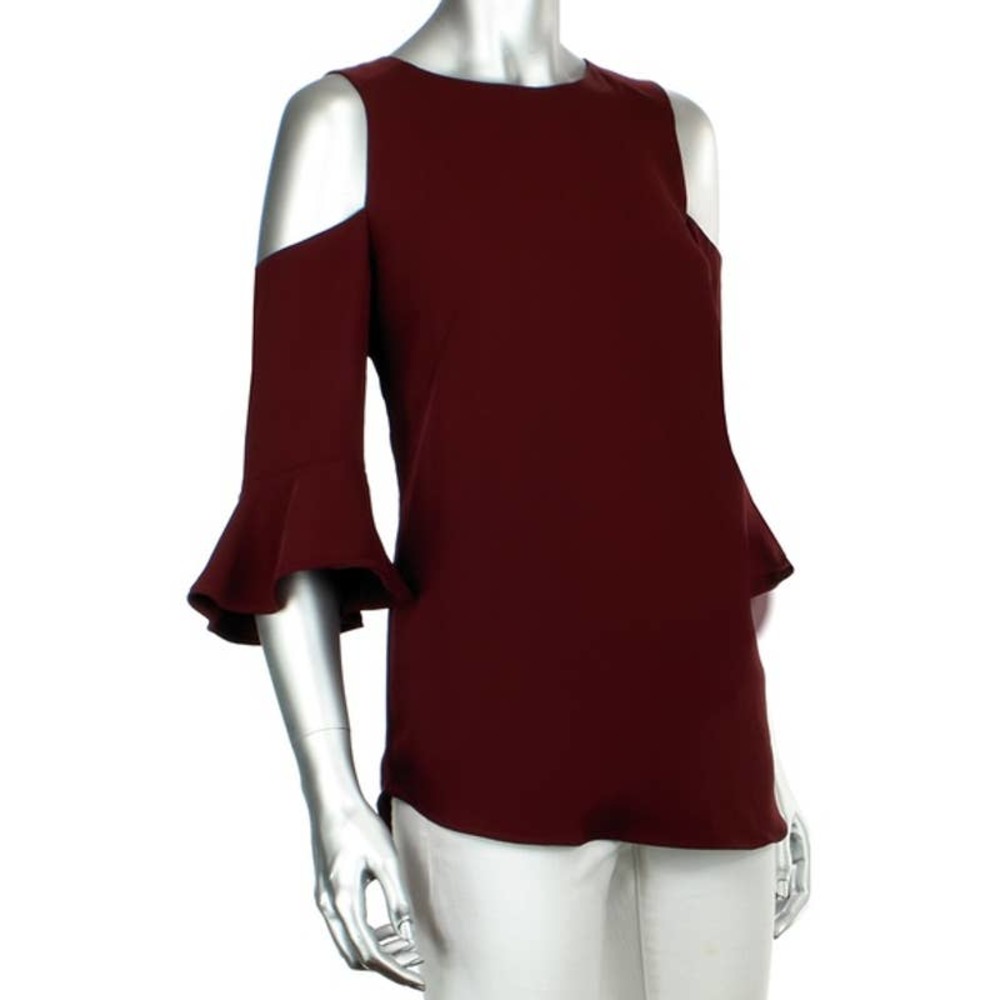 Ann Taylor Cold Shoulder Blouse Top M Bell Sleeves Round Neckline Maroon Red